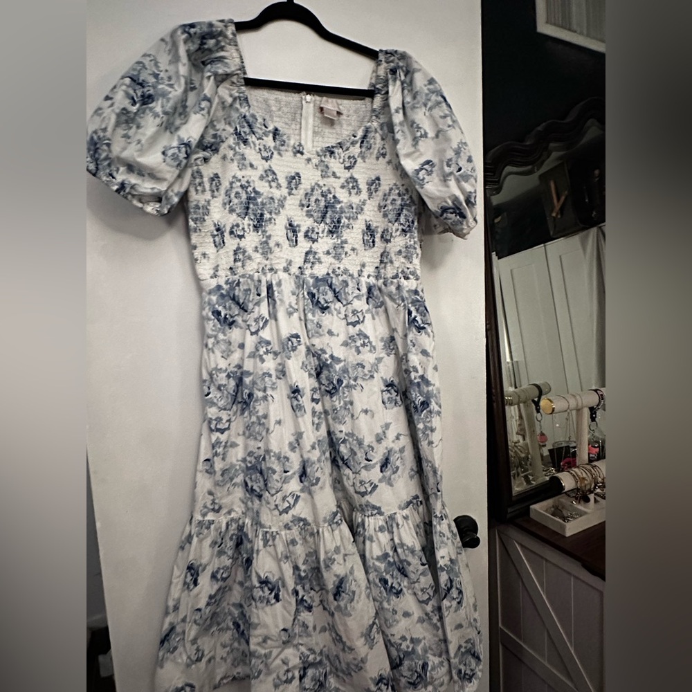 Rachel Parcell White Midi Dress with Blue Floral Print